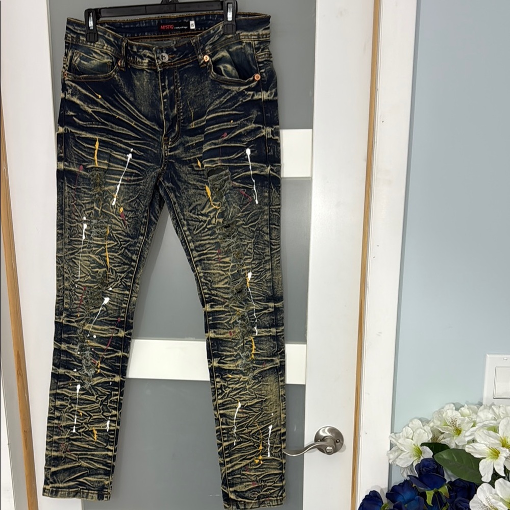 Black and Gold Skinny Jeans with Distressed Design